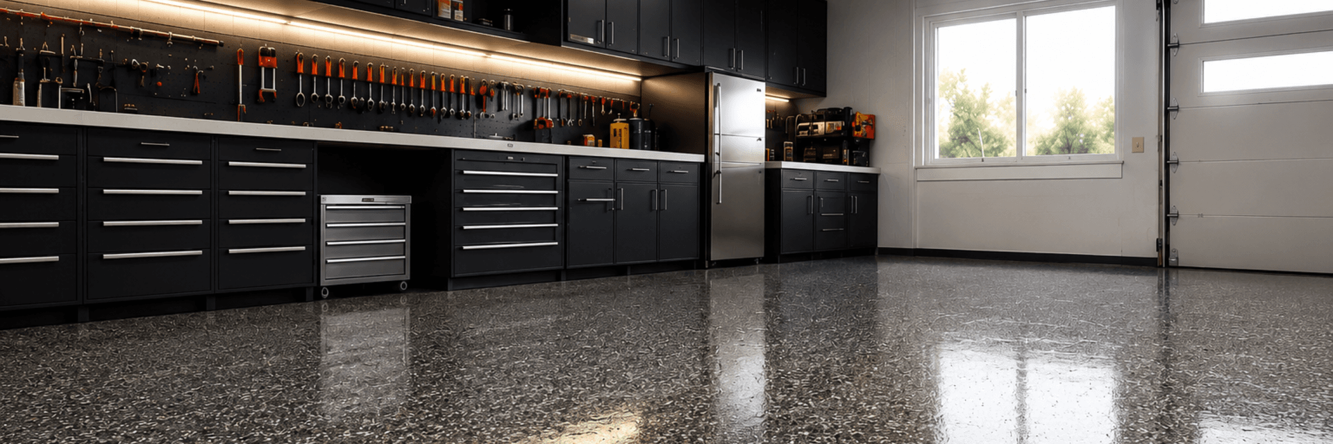 A finished garage in Topeka, Kansas with a glossy dark speckled epoxy floor coating reflecting the overhead lighting, dark cabinetry and tool storage along the wall, and natural light through a window.